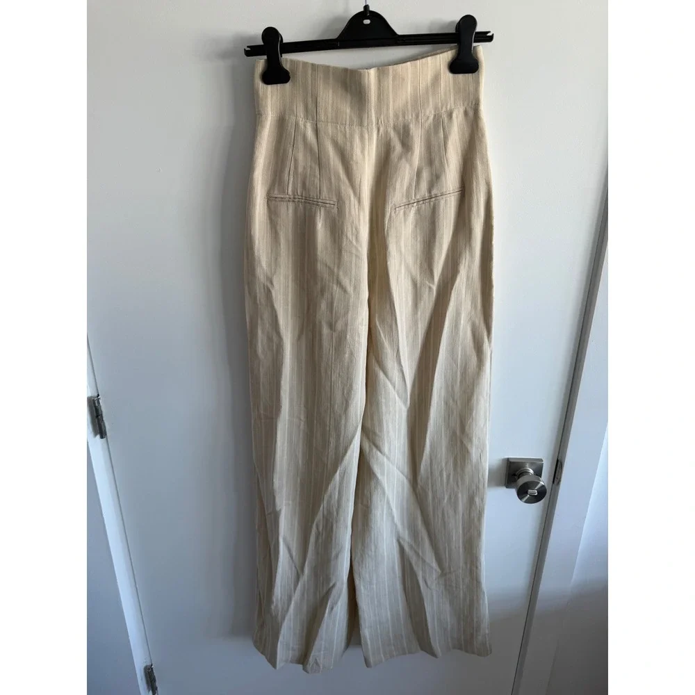Zara High Waisted Linen Blend Striped Wide Leg Pants Beige Size S NWT